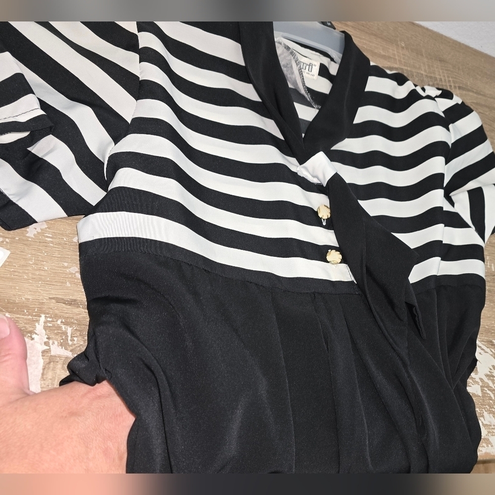 Vintage Ribori Black White Striped Tie Neck Midi Dress Costume Up to Women's L - Picture 5 of 10